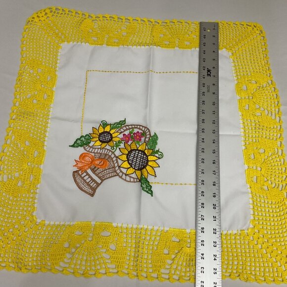 Handcrafted White Fabric Table Topper With Yellow Crochet Lace & Sunflower - Picture 4 of 5